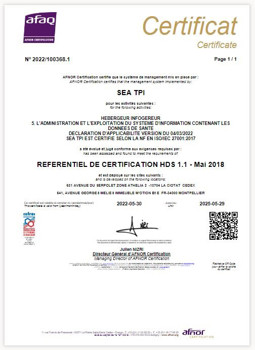 Certificat Hébergeur données de santé SEA TPI